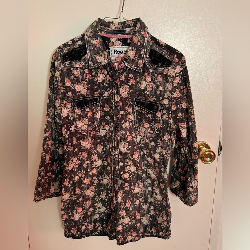 Roar Black Floral Blouse with Pink Accents